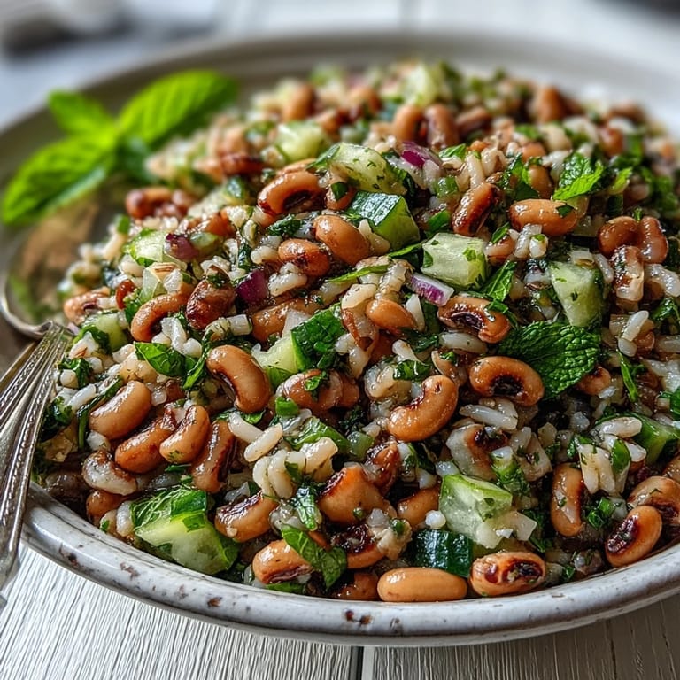 Serving of Southern Black Eyed Pea Salad with chilled black-eyed peas, fresh mint, and zesty lemon dressing in a rustic bowl.