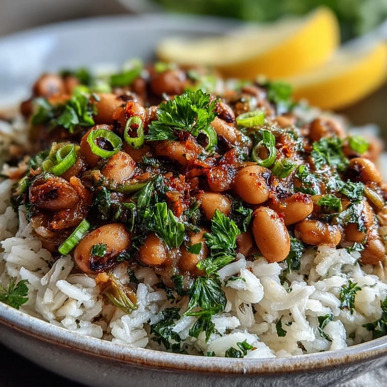 Vibrant plant-based Vegetarian Hoppin John featuring tender black-eyed peas and colorful vegetables, ready to be enjoyed with lemon wedges.