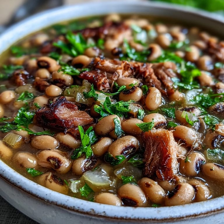 A close-up of Classic New Years Black-Eyed Peas revealing tender peas and shredded smoky pork, glistening with savory broth and flecked with Creole spices.