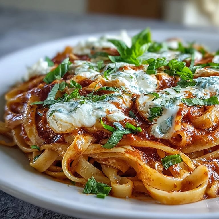 Glossy, sunset-colored Creamy Red Pepper Pasta with Burrata & Herbs garnished with basil, ready for a cozy vegetarian dinner at home.