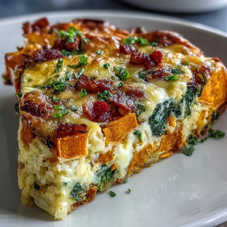 A slice of Easy Sweet Potato Egg Casserole reveals fluffy eggs, tender sweet potatoes, and melted cheese, perfect for a cozy vegetarian breakfast.