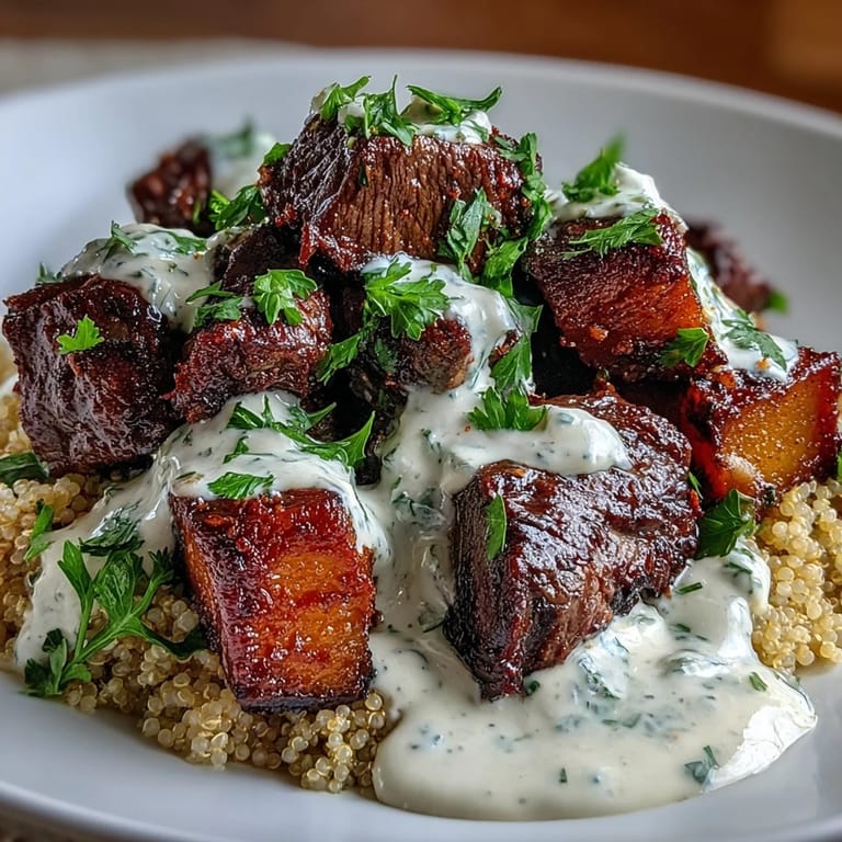 Vibrant bowl of Savory Butternut Squash & Garlic Herb Steak Bowls with juicy steak, quinoa, and herb cream.