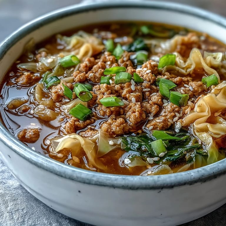 A steaming ladle of One-Pot Egg Roll Soup served with a side of crusty bread for dipping.