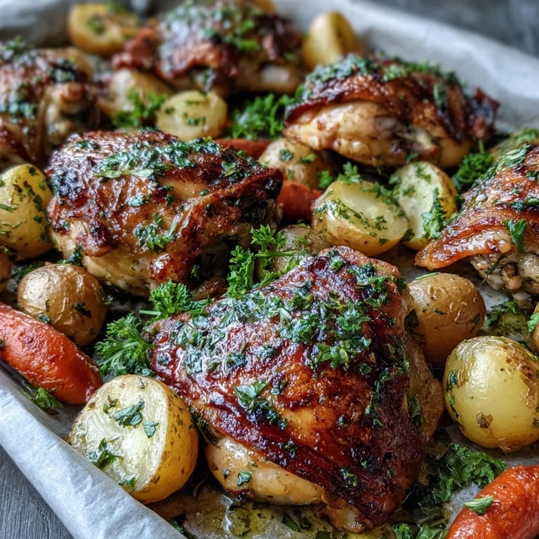 A close-up of crispy baked chicken with tender potatoes and carrots, garnished with fresh parsley for a flavorful dinner.