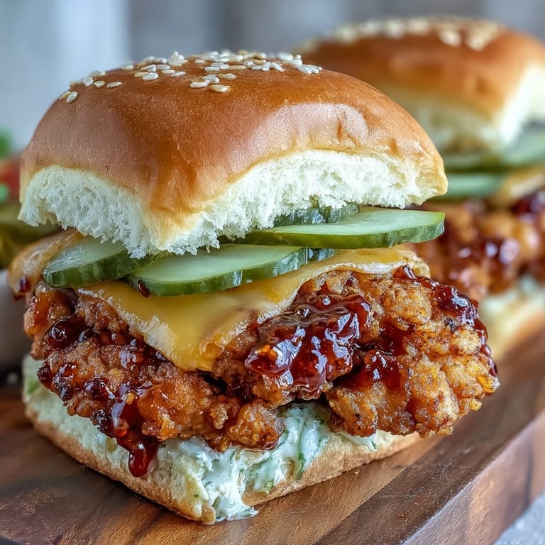 Melted cheddar and dill pickles peek out from between toasted sesame buns.