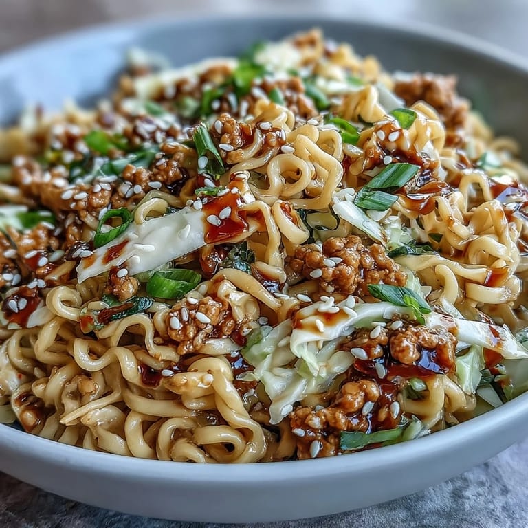 Quick weeknight Creamy Potsticker Noodle Stir-Fry plated next to chopsticks, showcasing ramen noodles coated in a rich, glossy sauce
