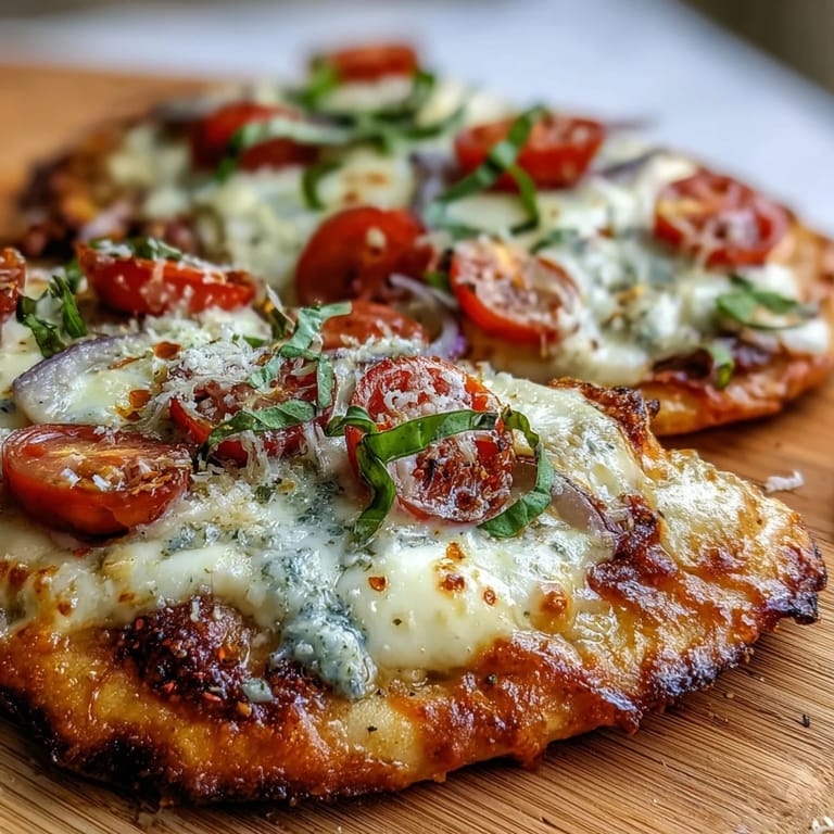 Garlic butter brushed naan topped with marinara, red onion, and spinach, baked until the Crispy Garlic Parmesan Naan Pizza is golden.