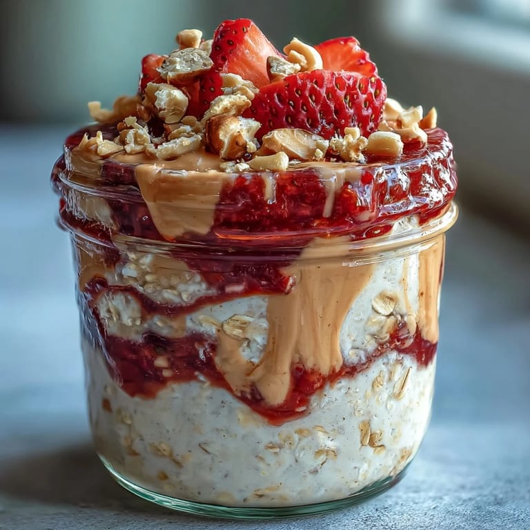 Overhead view of High-Protein Peanut Butter & Jelly Overnight Oats layered with oats, Greek yogurt, and homemade strawberry jam.