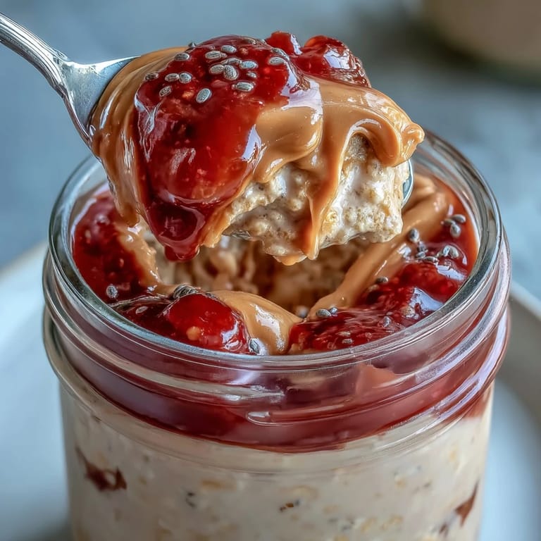 A spoonful of creamy protein oats reveals thick peanut butter and fresh strawberry jam, perfect for busy mornings.