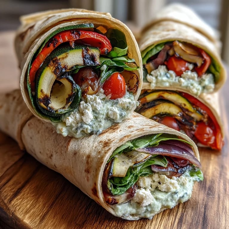 Soft tortilla stuffed with smoky Mediterranean Grilled Vegetable Wrap, fresh spinach, cherry tomatoes, and a sprinkle of feta.