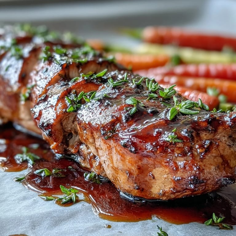 Sliced One-Pan Honey Balsamic Pork Tenderloin with Rainbow Carrots beside caramelized, jewel-toned roots and pan drippings.