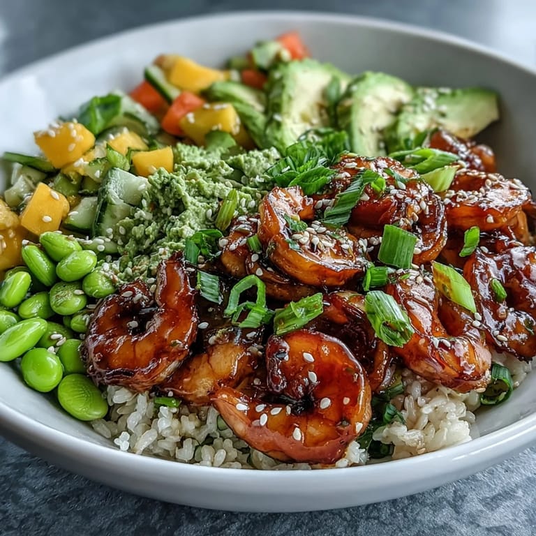 Close-up of a 20-Minute Shrimp Poke Bowl with Mango and Edamame ready to serve.