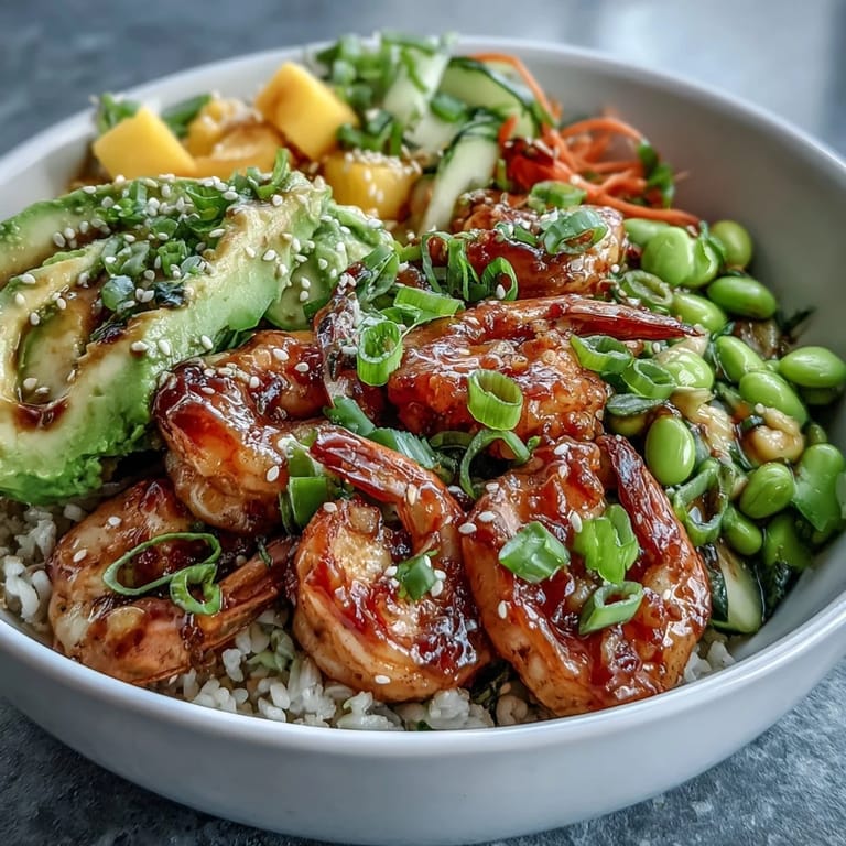Appetizing 20-Minute Shrimp Poke Bowl with Mango and Edamame garnished with lime and sesame.