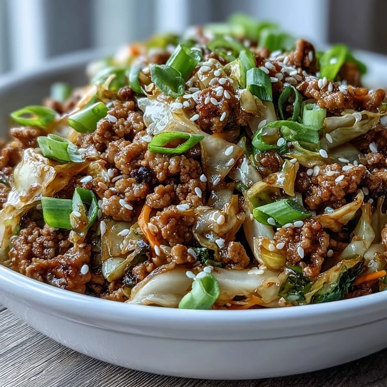 Sizzling Keto Egg Roll in a Bowl with Ground Turkey and Sesame Oil in a skillet with crisp coleslaw mix. 