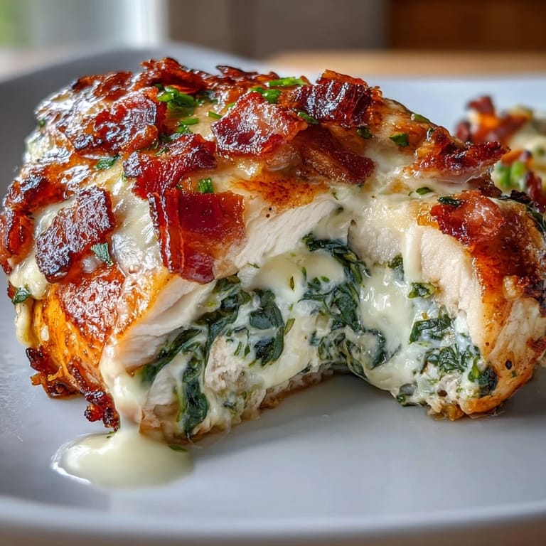 Oozing cheese and creamy spinach filling spill from a Keto Spinach and Bacon Stuffed Chicken Breast topped with garlic butter.