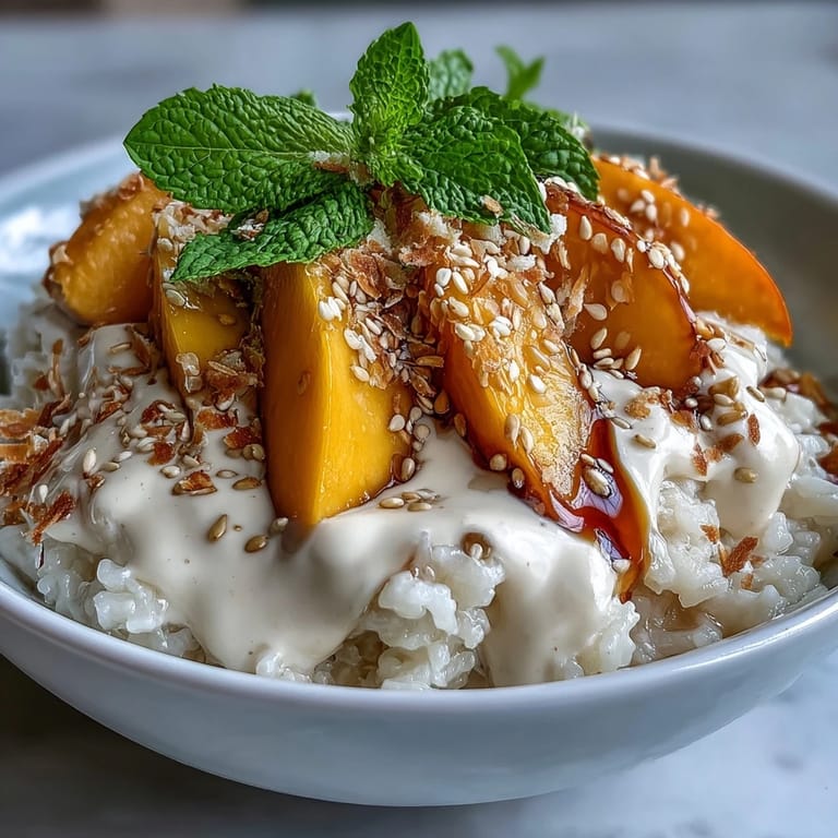 Tropical Vegan Mango Sticky Rice Breakfast Bowl with diced mango and a drizzle of coconut cream.