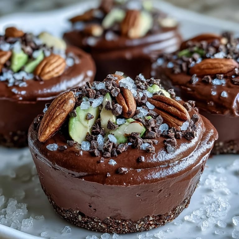 Individual Vegan Chocolate Avocado Mousse Cups with Sea Salt Crunch and cacao nibs, ready to serve.