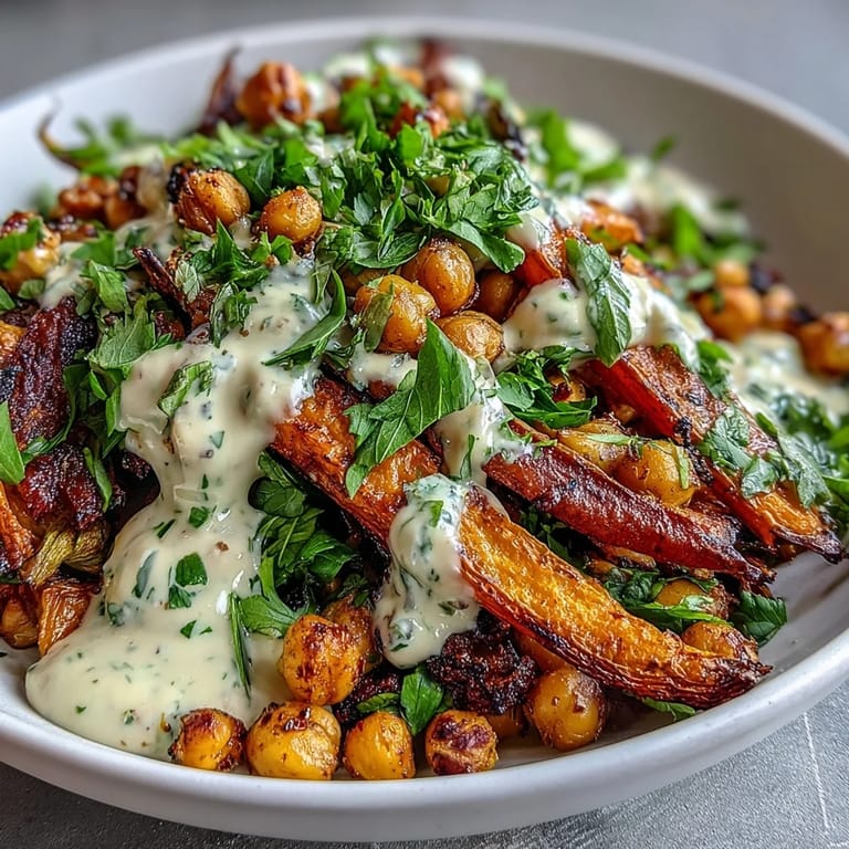Vibrant roasted carrot and chickpea bowl drizzled with creamy tahini dressing, garnished with fresh herbs and served over fluffy quinoa.