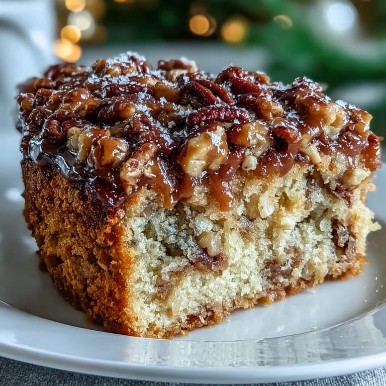 Decadent Christmas Toffee Crunch Cake with caramelized toffee and chopped pecans, ideal for festive celebrations and gatherings.