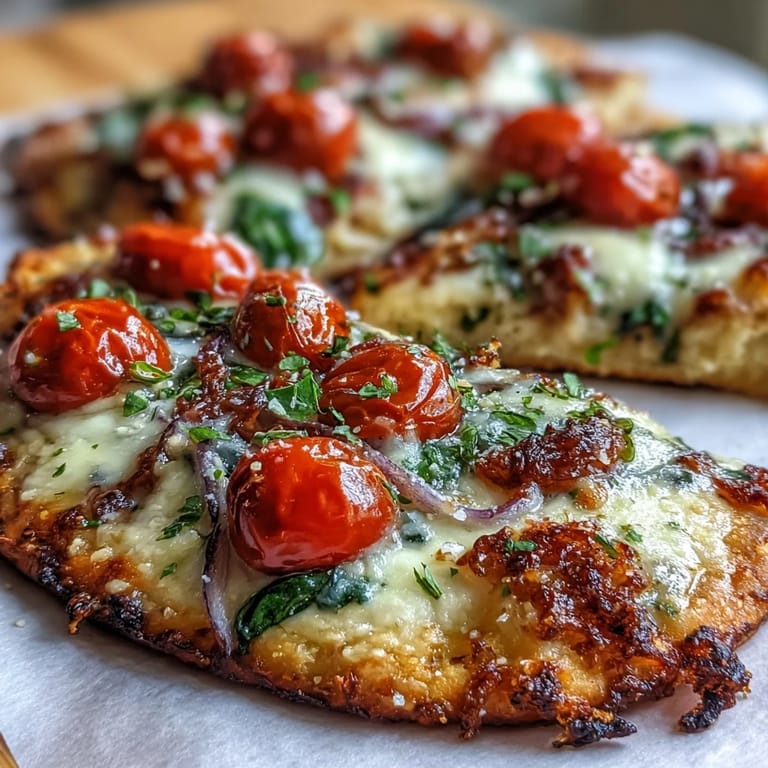 Golden garlic butter naan topped with Parmesan, mozzarella, and vibrant vegetables for a quick, flavorful flatbread pizza dinner.