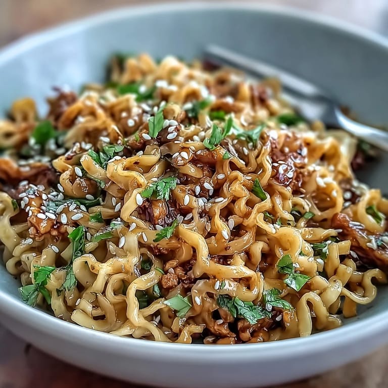 A comforting bowl of Potsticker Noodle Stir-Fry with tender turkey, crunchy cabbage, and a creamy peanut-sesame sauce.  