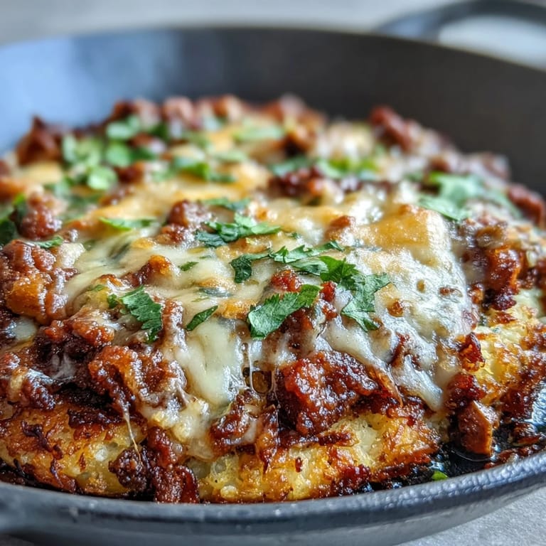 3. Keto-friendly taco skillet with cheesy cauliflower base, spiced beef, and vibrant cilantro garnish for a satisfying Tex-Mex meal.
