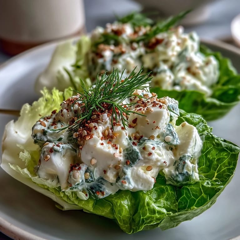 Low-carb lettuce boats filled with rich avocado egg salad and sprinkled with savory everything bagel crunch, perfect for keto meal prep.  
