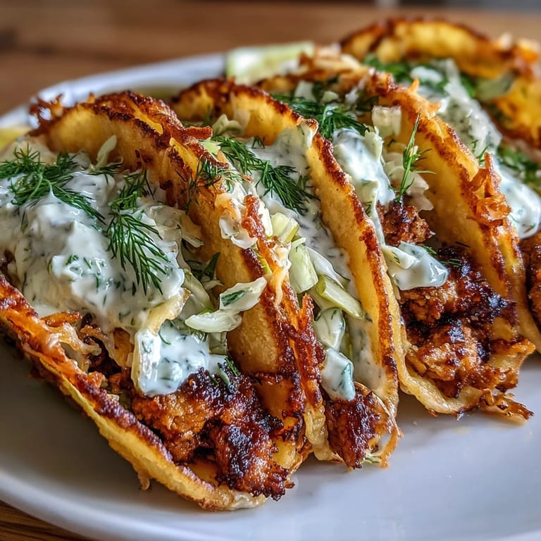 Flavor-packed dill pickle ranch chicken tacos with crunchy cabbage and creamy cottage cheese sauce.  