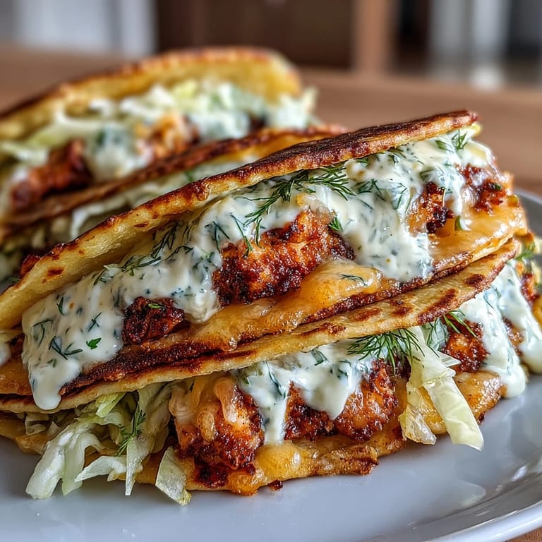 Golden crispy cheese lace tacos topped with savory ground chicken, fresh cabbage, and zesty pickles.