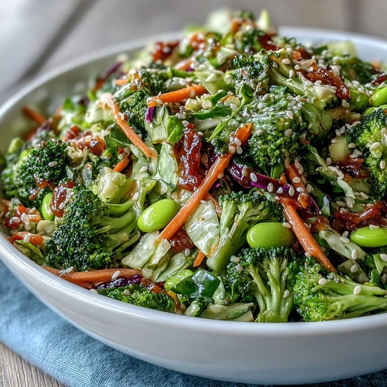 Fresh, colorful broccoli crunch salad loaded with crunchy vegetables and topped with toasted sesame seeds for extra texture.  