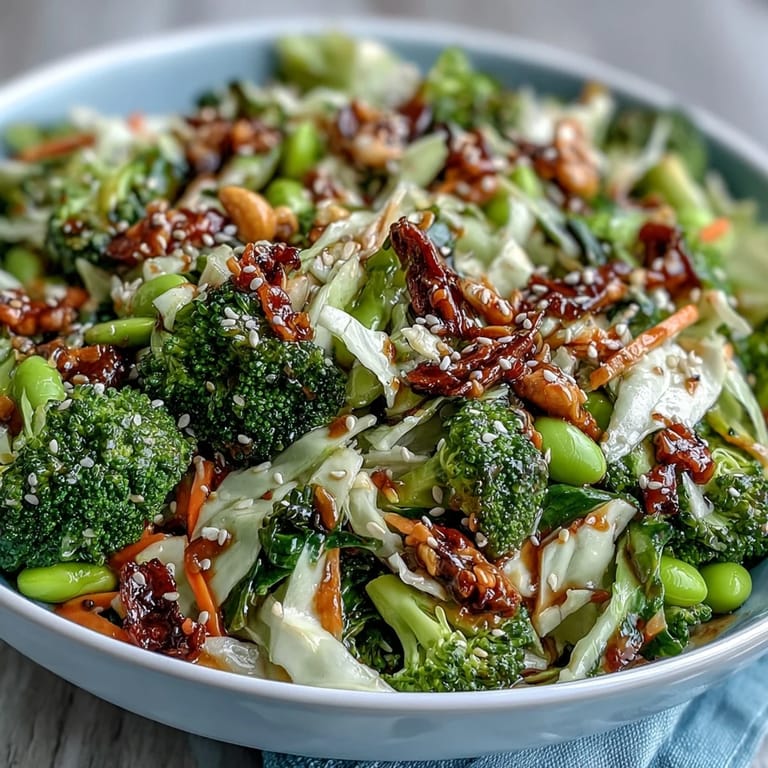 Healthy broccoli crunch salad featuring crisp broccoli, purple cabbage, and a savory sesame-ginger dressing, perfect for meal prep.