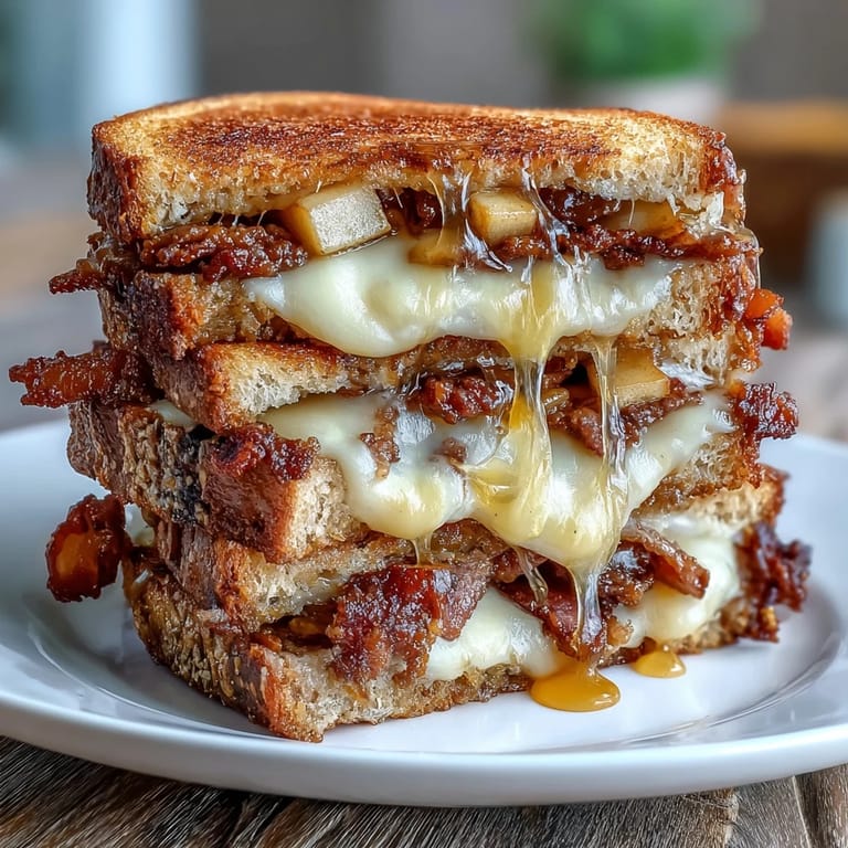 Artisan sourdough bread filled with melty cheddar, crisp apple, and smoky beef bacon, grilled to perfection and finished with hot honey glaze.  
