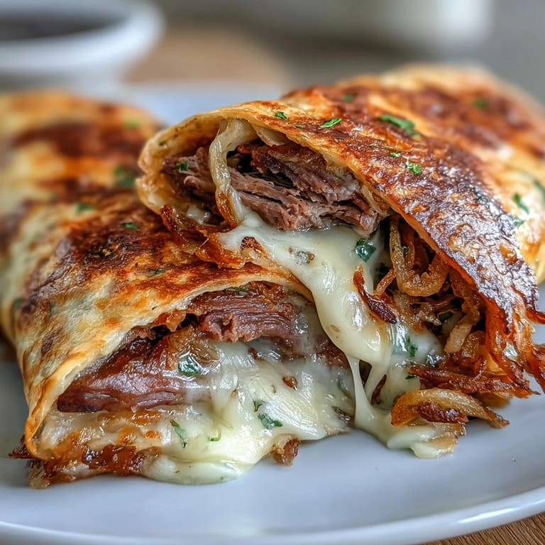 Golden-baked tortilla roll ups packed with roast beef, provolone, and fried onions, served hot with a side of fragrant au jus for dipping.