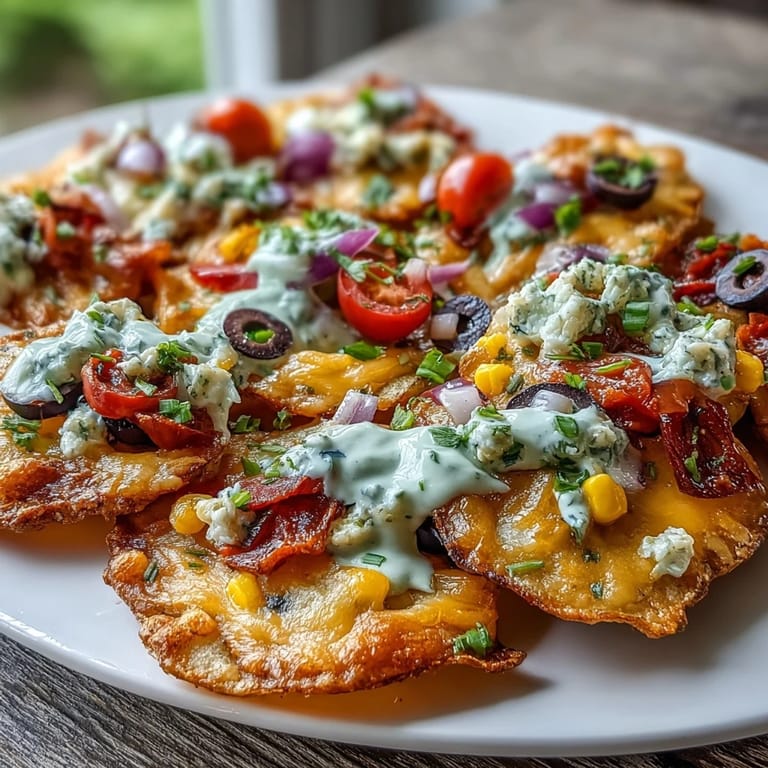 Golden roasted potato slices topped with a rainbow of vegetables, melted cheese, and fresh cilantro, paired with creamy Greek yogurt ranch dressing.