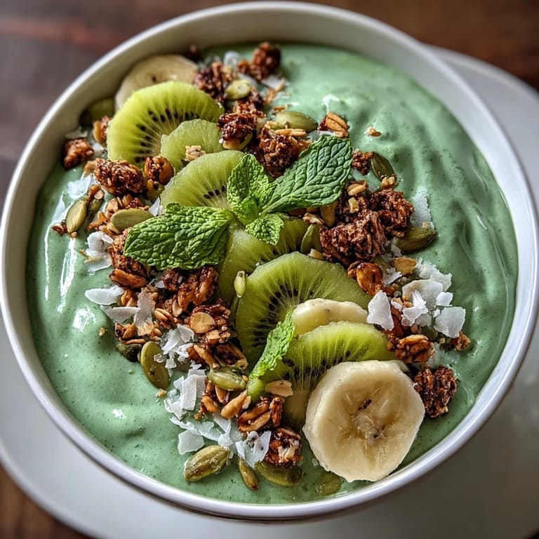 Vibrant Shamrock Green Smoothie Bowl featuring kiwi, spinach, and banana, finished with tropical coconut and fresh mint for a refreshing treat.