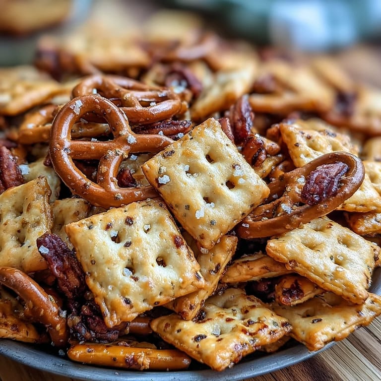 Tangy homemade sourdough Cheez-Its combined with mixed nuts and pretzels, baked with smoky spices for bold flavor.