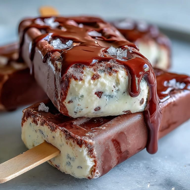 Frozen vanilla bean coffee pops topped with a rich chocolate fudge layer for a decadent dessert.  