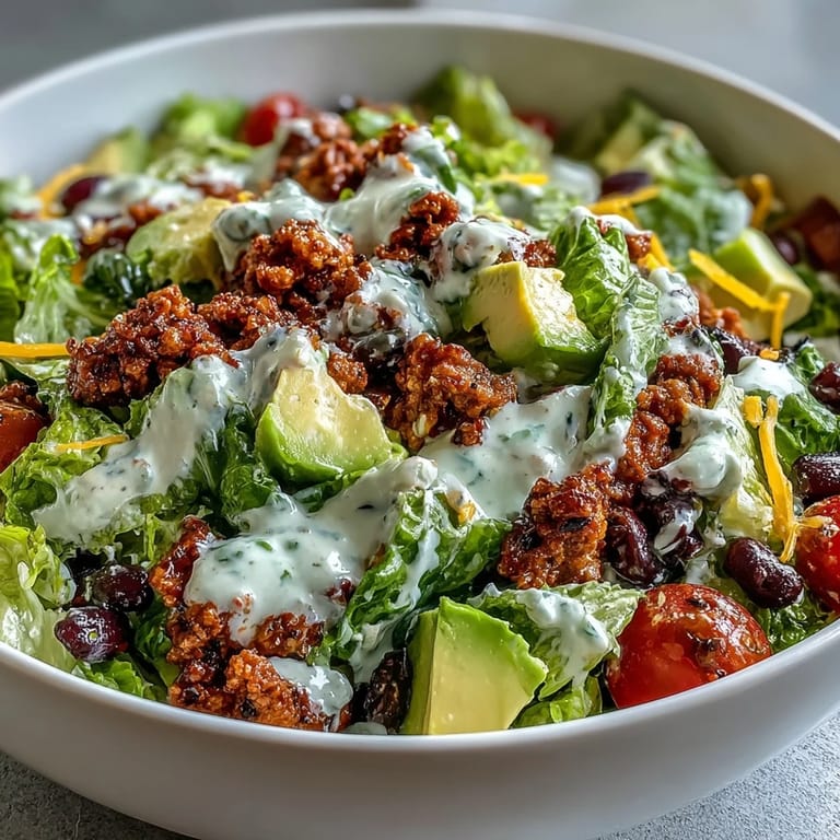 Wholesome taco salad featuring lean ground turkey, crisp romaine, black beans, and avocado, drizzled with tangy Greek yogurt ranch dressing.