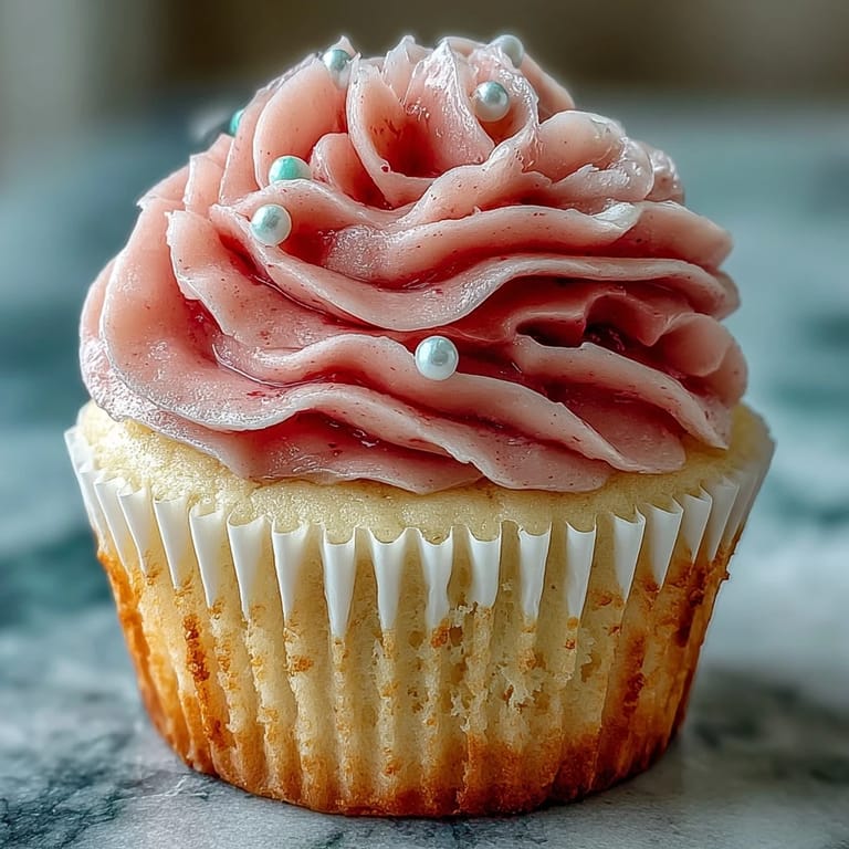 Fluffy vanilla cupcakes with creamy pink frosting, decorated with edible pearls for an elegant bridal shower treat.