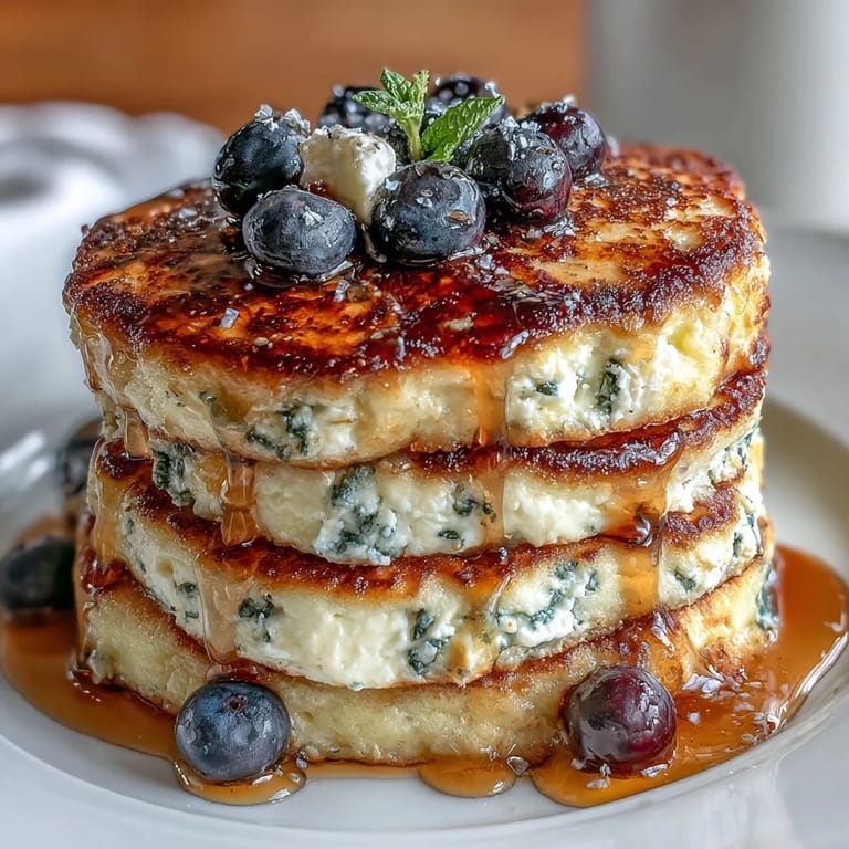 High-protein cottage cheese pancakes with sweet blueberries, perfect for a healthy and satisfying morning meal.