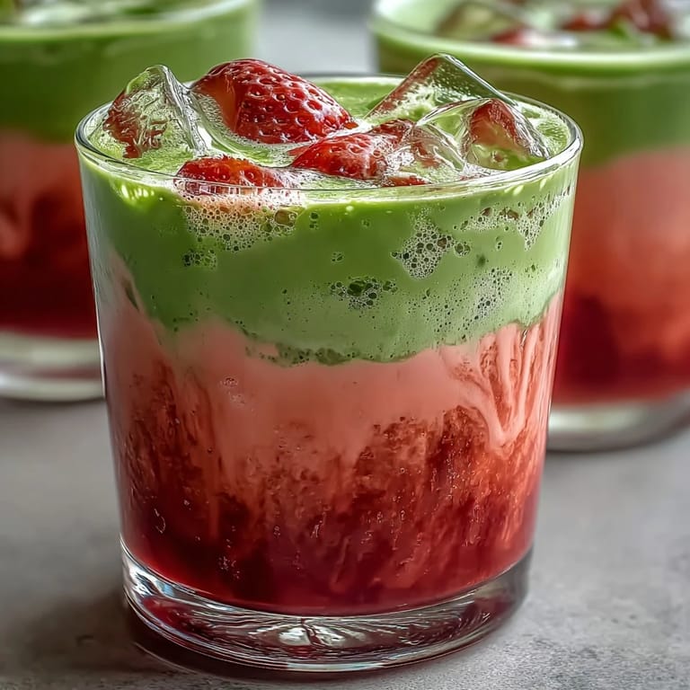 Beautifully layered strawberry matcha latte with frothy oat milk, garnished with fresh strawberries and a dusting of green tea powder.