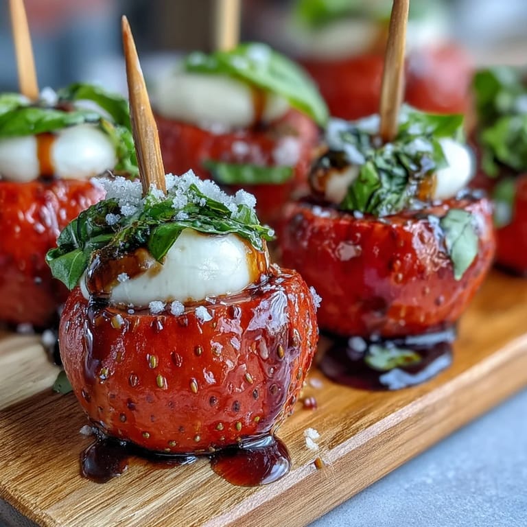 Colorful strawberry caprese skewers with mozzarella and basil, served with a rich balsamic drizzle, perfect for easy entertaining.