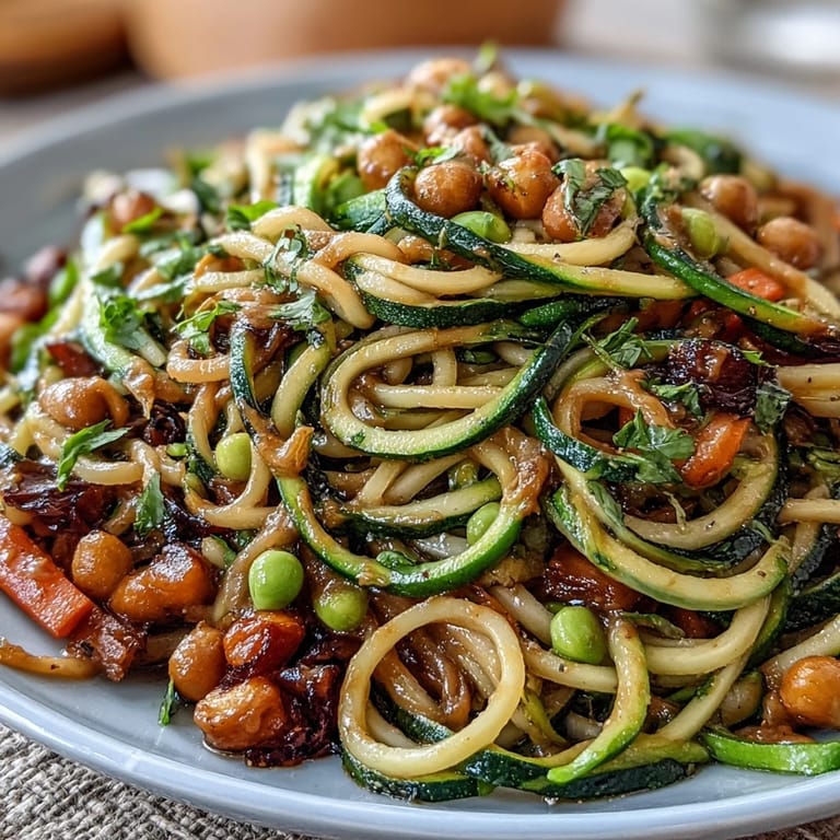 Fresh spiralized zucchini noodles tossed in a tangy peanut sauce with colorful bell peppers and snap peas for a light, satisfying dish.
