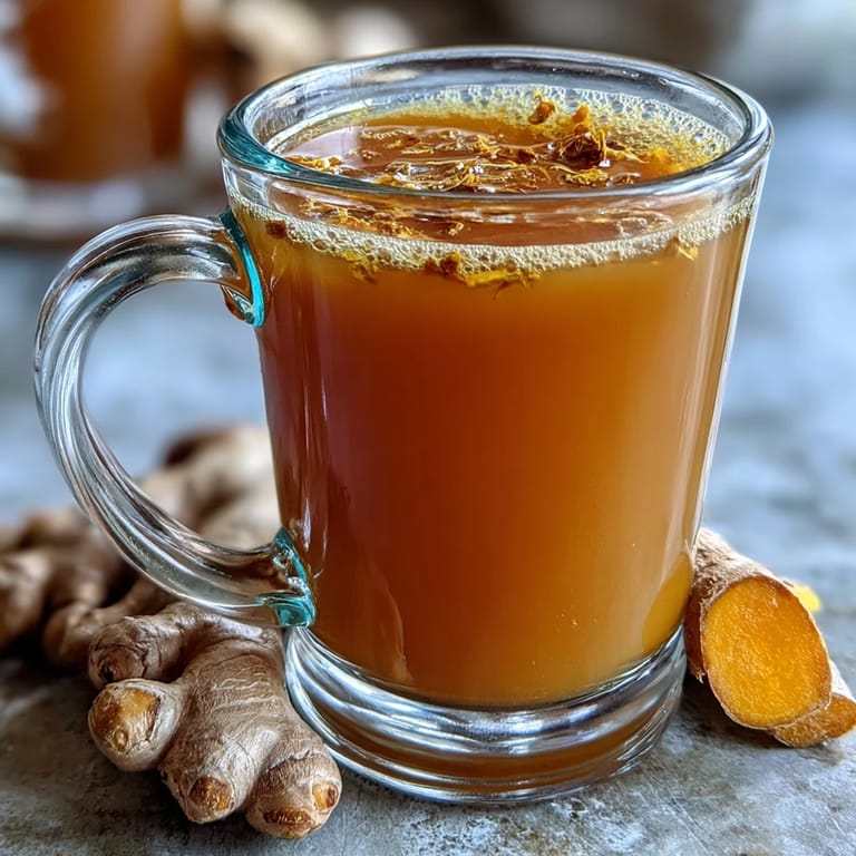 Close-up of roasted dandelion root tea, aromatic with fresh ginger slices and turmeric, ready to soothe and invigorate.
