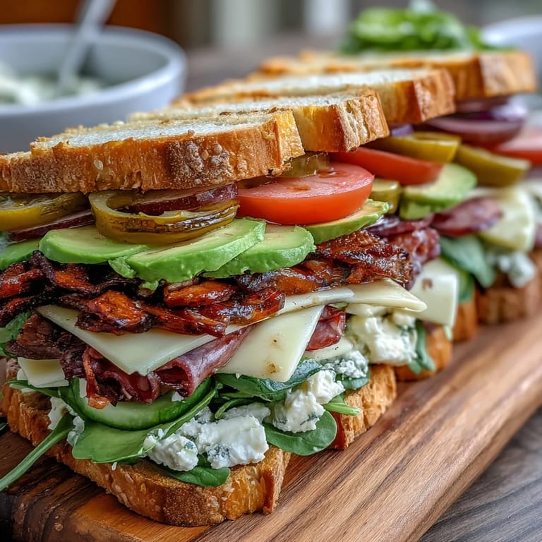 Colorful deli sandwich board spread featuring roast beef, turkey, cheeses, and fresh veggies ready for picnic enjoyment.  