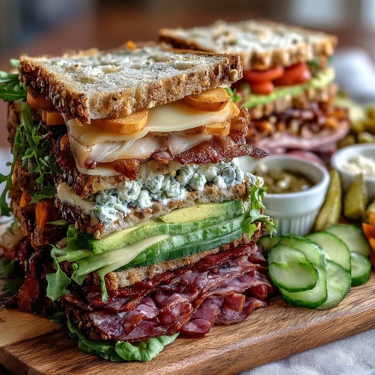 Homemade loaded deli sandwich board with ciabatta, salami, pickles, and spreads for a perfect outdoor meal.