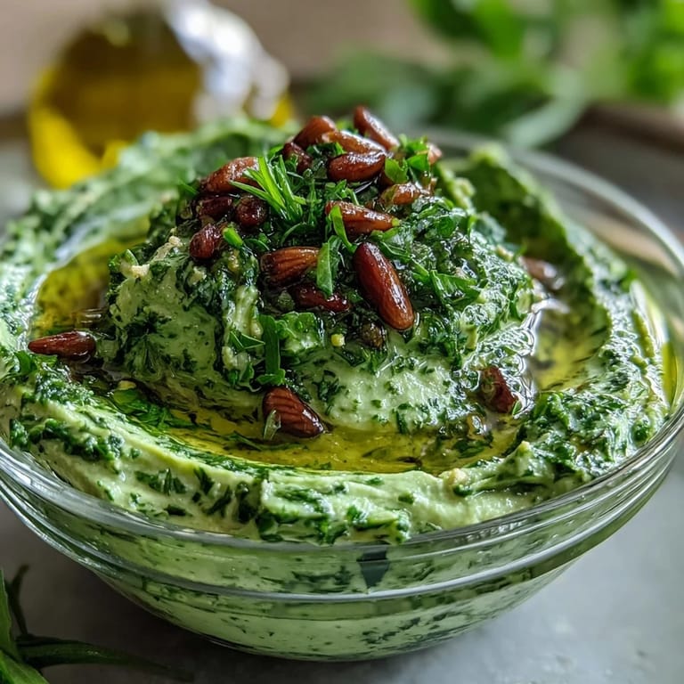 Fresh dandelion greens blended with garlic and toasted pine nuts for a bold, nutty pesto.  