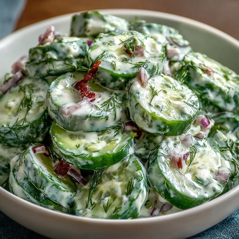 Refreshing Creamy Cucumber Dill Salad featuring sliced cucumbers and red onion in a creamy, herby dressing.  