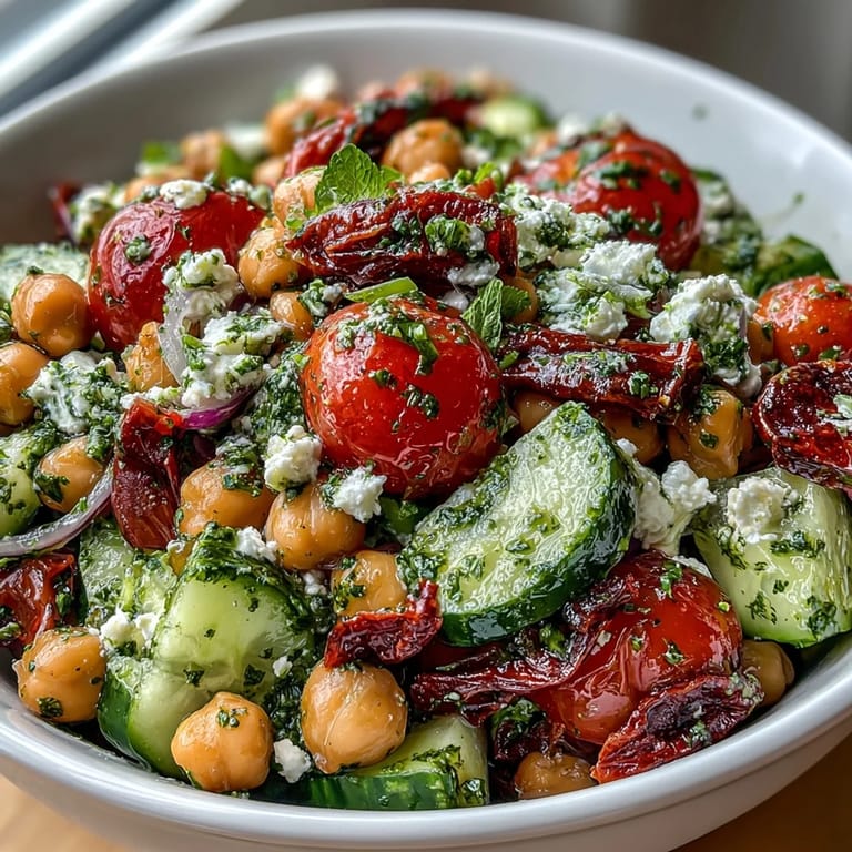 Refreshing Cold Chickpea Salad with Lemon Herbs, featuring crisp vegetables, fresh parsley, and mint for a zesty Mediterranean flavor.  