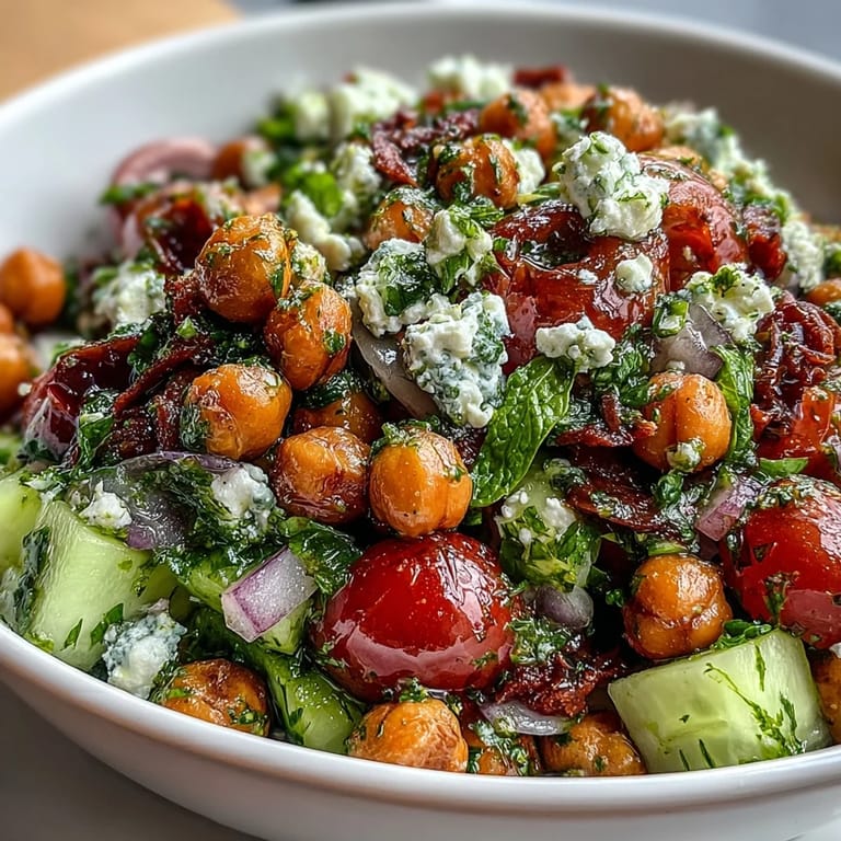 Vibrant Cold Chickpea Salad with Lemon Herbs, served chilled with feta and a tangy lemon-olive oil dressing for summer meals.